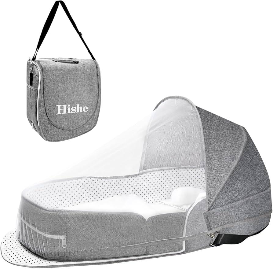 Hishe Baby Travel Bassinet Portable Bassinets: Foldable Lightweight Travel Pod Infant Co-Sleeper Bed with Mosquito and Canopy Outdoor Newborn Essentials Gift