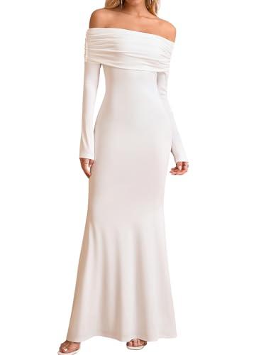 KUTUMAI Elegant Off Shoulder Long Sleeve Maxi Dresses for Women Fall Bodycon Fishtail Formal Wedding Guest Dress White, Size S