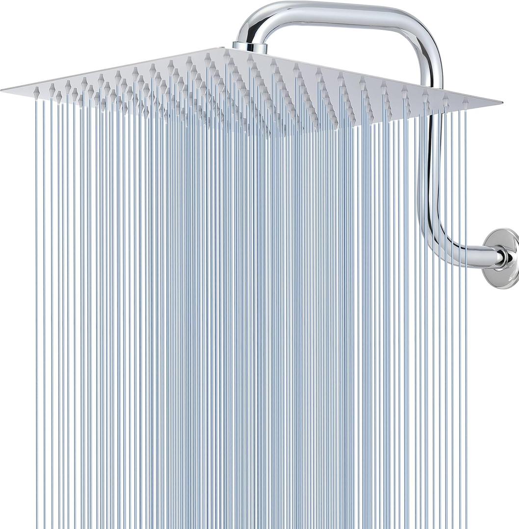 Voolan Rain Shower Head with Goose Neck Curve Arm, All Metal Waterfall Rainfall Showerhead, High Flow Bathroom Square Large Shower Head (12 Shower Head with 13 Shower Arm, Chrome)