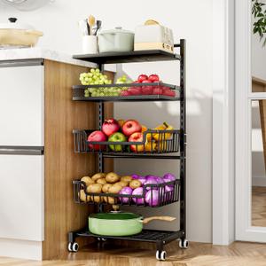 HapiRm Fruit Basket Kitchen Cart - 5 Tier Adjustable Vegetable Storage Rack, Large Capacity Rolling Kitchen Carts on Wheels for Snack,, Onion and Potato Storage