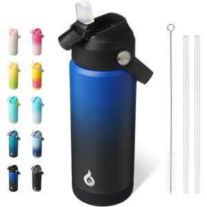BJPKPK Insulated Water Bottle with Straw Lid, 18oz Thermo Water Bottles, Flex Handle & Non-slip Boot, BPA Free Leak Proof Stainless Steel Metal Thermo, Tumblers, Cups,Black Blue