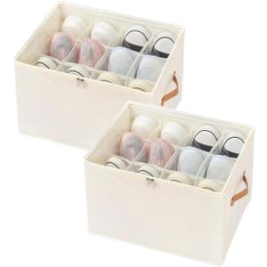 2 Pack Foldable Shoe Organizer for Closet,Fits 12-24 Pairs,Dividers & Clear Cover,Space-Saving Shoe Storage Bins,12 Cell Closet Organizer for Shoe,Clothing,Yoga Pants,T-shirts, and More (Beige)