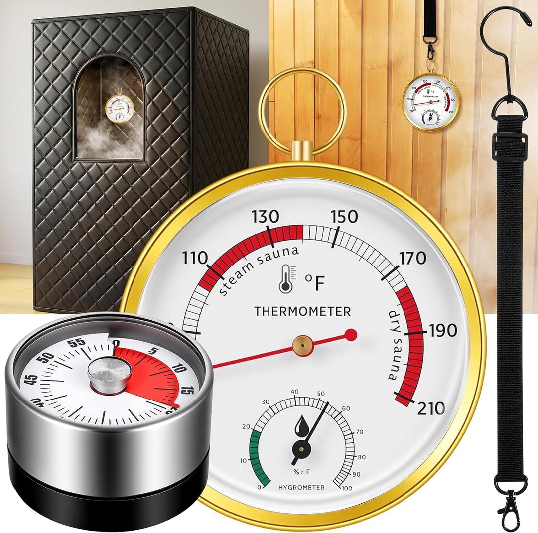Tellegloww 2 Pcs Sauna Thermometer and Hygrometer, Timer, Upgraded Lanyard-Mounted for Portable Steam Sauna Box, Ideal for Infrared/Indoor/Home Use, Essential Accessory and Gift for Enthusiasts