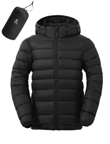 ASPO Men's Packable Puffer Jackets Winter Lightweight Detachable Hood Water-Resistant Down Coats Warm Insulated Hiking Travel Black L