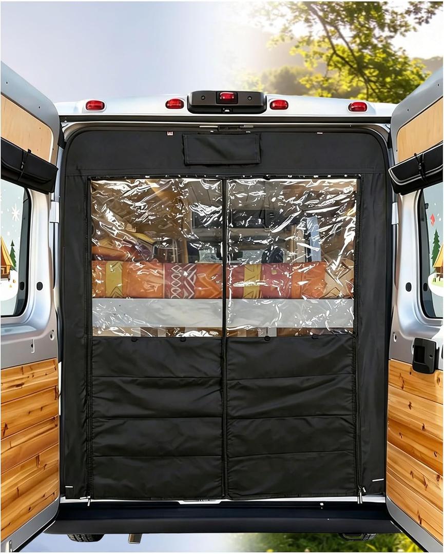 Insulated Rear Door Curtain Fit for RAM Promaster 2007-2025 High Roof, AC Air Saver & Heat Blocker, Thermal Blackout, Waterproof All-Season Climate Control, Auto-Close Magnets, Vanlife