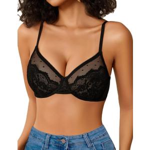 Avidlove Lace Bras for Women Sheer Balconette Underwire Unlined Everyday Bras Lingerie S-XXL (Black)