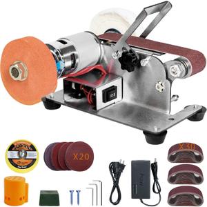 Mini Belt Sander, Electric Small Sander Knife Making Supplies, 7 Adjustable Speed Electric Knife Sharpener, Power Belt Grinder for Woodworking, Metal Working DIY (Flat Belt Sander)