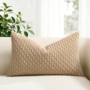 Kevin Textile 14x22 Inch Pillow Cover 1 Pack Boho Decorative Soft Striped Corduroy Lumbar Farmhouse Solid Color Accent Rectangle Cushion Case for Living Room Couch Sofa Bed, Tan