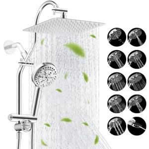 Hibbent Upgraded All Metal 10"Rainfall Showerhead Combo, High Pressure Shower Head with 10-Spray Mode Handheld, Innovative 4-way Diverter with Pause Mode, 71'' Shower Hose and Handheld Holder, Chrome