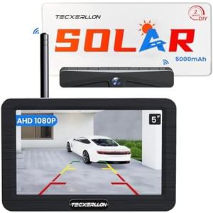 TECXERLLON Backup Camera, Solar Wireless Backup Camera with 5" 1080P Monitor, Vehicle Backup Cameras with 5000mAh Solar Battery, IP69K Waterproof Rear View Camera for Car, Van, SUV, Truck, Trailer