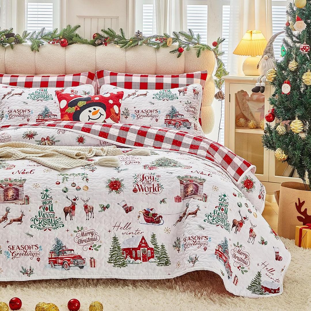 Joyreap 2pcs Christmas Quilt Set Twin, Classic Santa Reindeer Red n White Reversible Xmas Design, Lightweight Microfiber Bedspread Coverlet for All Season- 68x88 inches