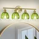 Vintage Bathroom Light Fixtures,4-Light Hardwired Vanity Lights with Green Tulip Glass Shade,Gold Bathroom Vanity Light for Mirror Restroom,E26 Socket,25.2 in(Bulbs Not Included)