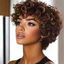 MOONSHOW Short Wigs for Black Women Brown Pixie Cut Wig with Bangs African American Wigs for Black Women Short Curly Afro Wigs Synthetic Brown Curly Bob Wig