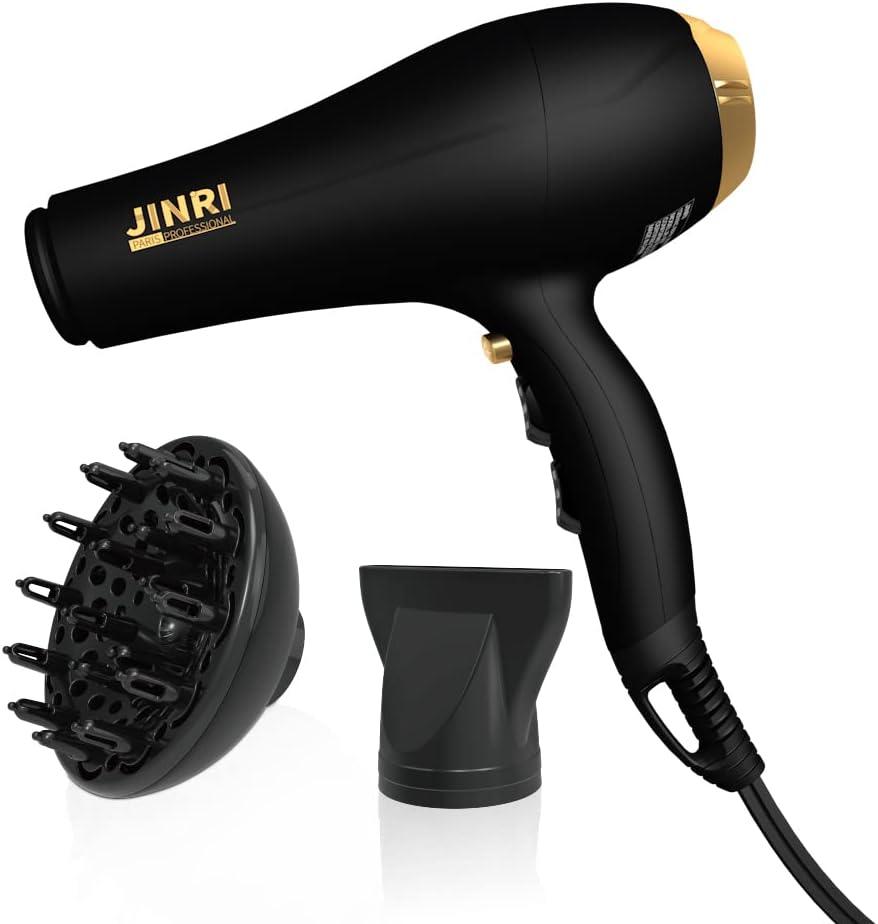 JINRI Hair Dryer,2000W,Ionic Technology & Infrared - Black, 3 Heat & 2 Speed, Detachable Air Intake, with Diffuser, with Concentrator, Hanging Strap, Non-Foldable