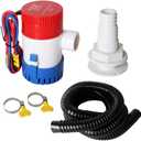 12v 1100GPH Boat Bilge Water Pump, 1-1/8 Inch Dia Boat Bilge Pump Hose Kit, 6.5 FT Kink-Free PVC Hose, 2 Stainless Steel Clamps and ABS Thru-Hull Fitting (Five-Piece)