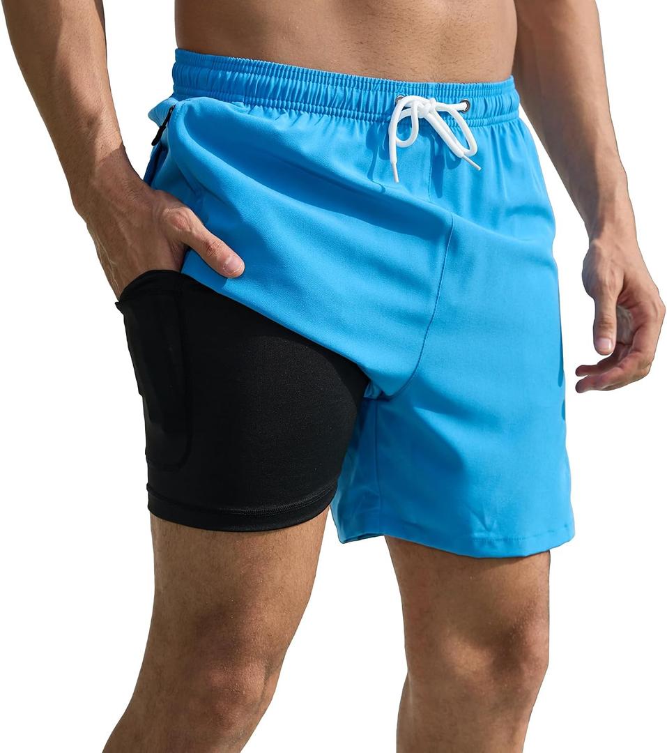 Srnede Mens Swim Trunks Swim Shorts Board Shorts Quick Dry Beach Shorts Swimwear Bathing Suits with Compression Line (Blue, XXL)