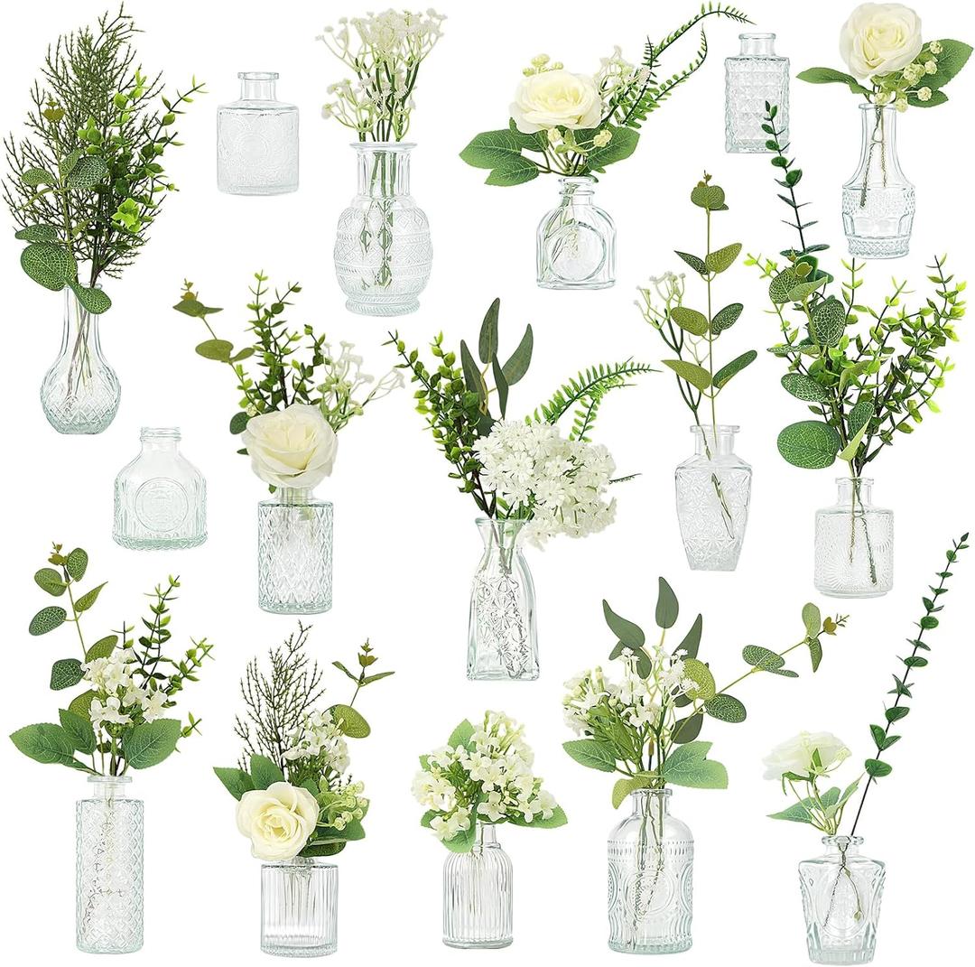 WARMALL Artificial Flowers with Vases, 16 Pcs Bud Vases, & 81 Pcs Artificial Plants DIY Set Suitable for Centerpieces Table Weddings Party Office and Indoor Decor Mini Small Glass Clear(White)