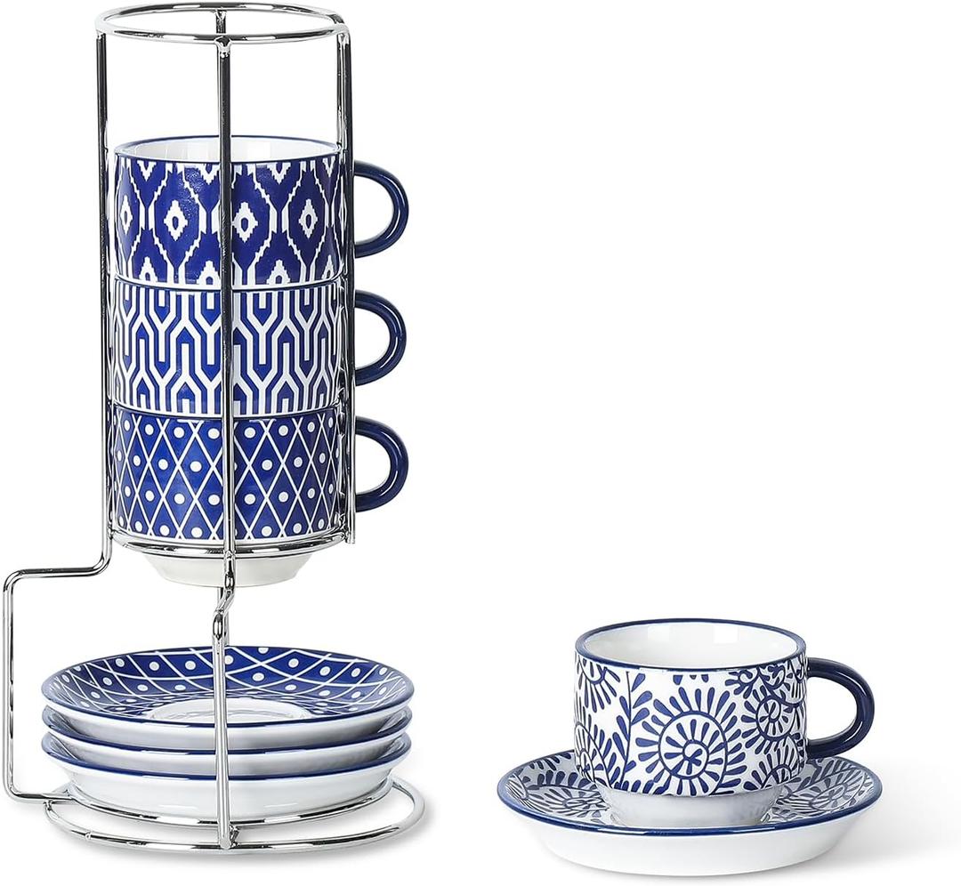 Selamica Ceramic Espresso Cups with Saucers and Metal Stand, 2.5 OZ Stackable Demitasse Cups for Espresso Latte Caf Mocha Tea, Set of 4, Vintage Blue