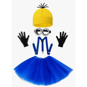 WISHTEN Halloween Costume for Adult Women,Goggles/Yellow Beanie/Blue Dress/Suspenders/Gloves Halloween Costume Accessories