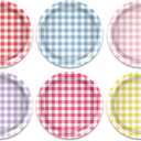OXYLIPO 48 Pcs Gingham Dessert Paper Plates Set -7 Inch 6 Color Disposable Checkered Tableware | Pastel Round Small Plates for Picnic Wedding Birthday Baby Shower Camping Party Supplies