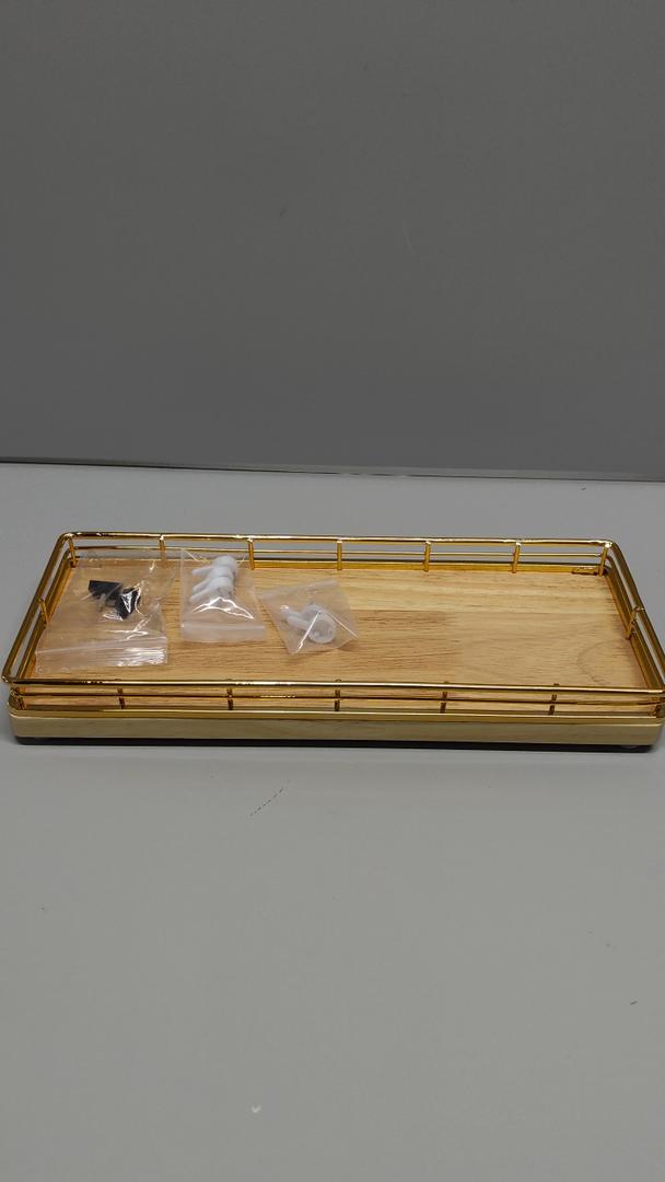 Bathroom Vanity Tray – 12" x 6" Oak Decorative Wooden Tray for Toilet Tank Organizer Wood Tray for Bathroom Countertop, Soap, Perfume & Storage, Vanity & Dresser Decor, Gold & Natural Oak