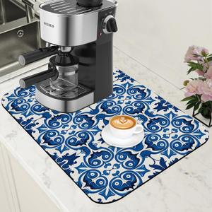 Dish Drying Mat Blue Portuguese Tiles Coffee Bar Mat for Countertop Absorbent Rubber Backed Hide Stain Dish Drainer Rack Pad Espresso Machine Cafe Table Dining Room Decoration 11.8 x 19.7 Inch