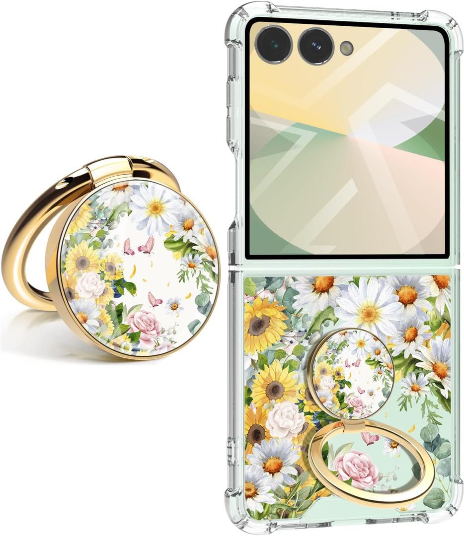 for Samsung Galaxy Z Flip 7 Case 5G Flower Slim Anti-Drop Shockproof Protective Soft Shockproof Clear Phone Protective Covers 6.85 Inch for Women Men (Sunshine Blossom with Holder)
