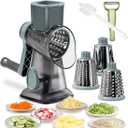 Rotary Cheese Grater Shredder with Handle Handheld Round Mandoline Vegetable Slicer Carrot Shredder Nut Grinder with 3 Replaceable Stainless Steel Drum Blades and Upgrade Strong Suction, Grey/Cyan