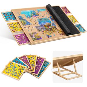 Becko US 2000-pc Tilting Jigsaw Puzzle Board with 6 Colored Drawers & Cover, Jigsaw Puzzle Table with Built-in Stand, 5 Angle Adjustments, Puzzle Storage for Adults, with Flannel Tabletop