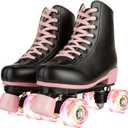 XUDREZ Roller Skates for Girls and Women, Stylish Black PU Leather Roller Skates with Pink Light Up Wheels, Indoor Outdoor Roller Skates for Youth Kids Girls (36-US Women 5, Youth 4)