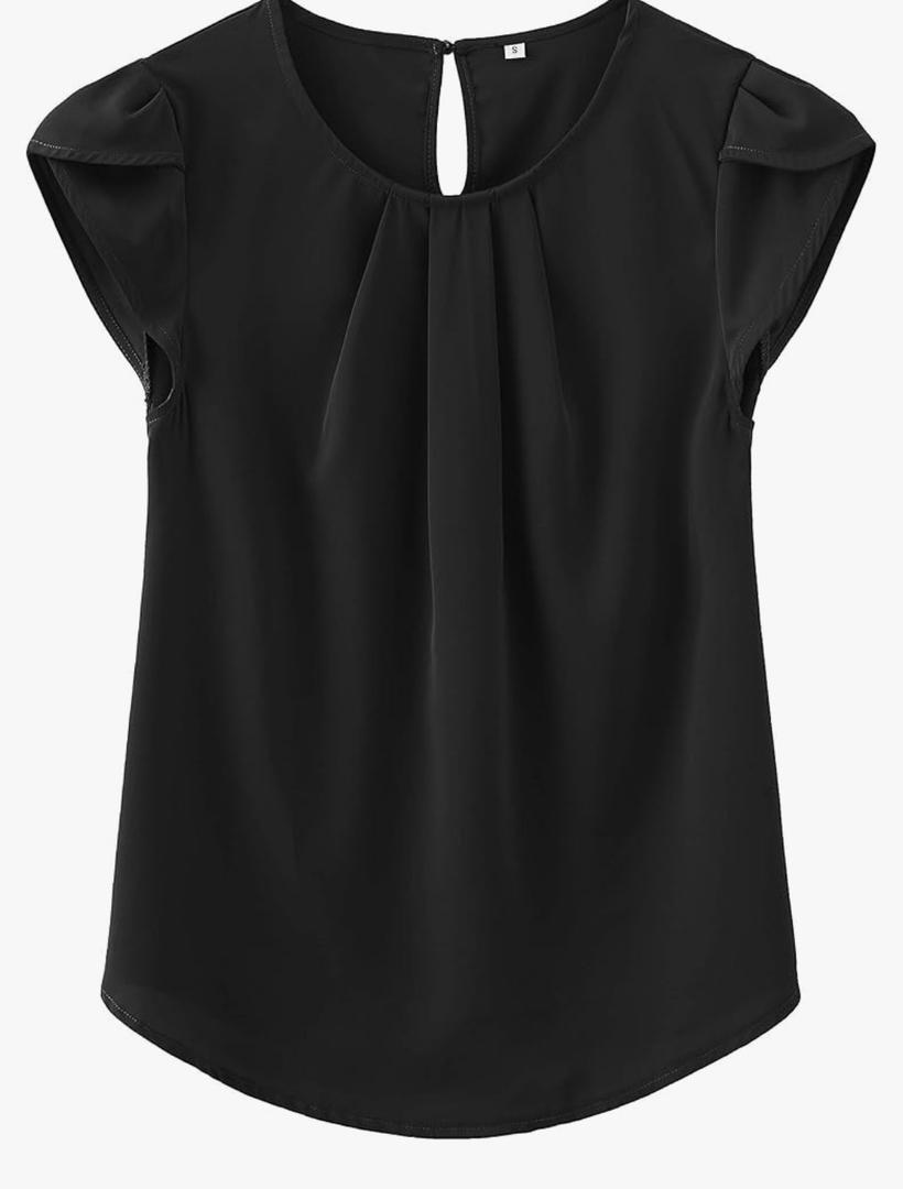 Blooming Jelly Women's Casual Round Neck Basic Pleated Top Cap Sleeve Curved Keyhole Back Chiffon Blouse, L, Black
