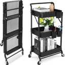 johgee Foldable 3 Tier Metal Utility Rolling Cart, Folding Mobile Multi-Function Storage Trolley Organizer Cart for Home Library Office(Black)
