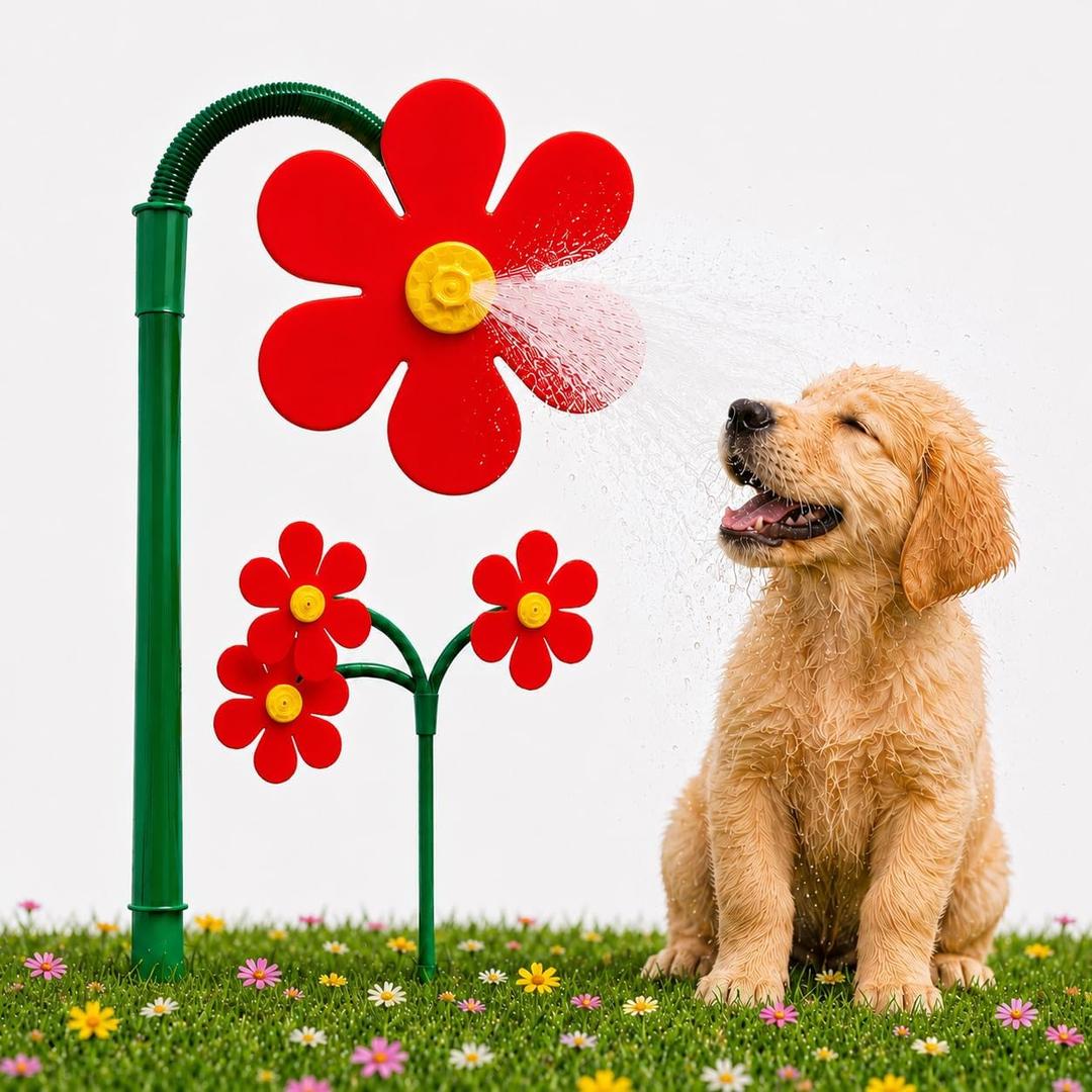 Crazy Daisy Sprinkler, 360° Rotating Flower Sprinkler, Garden Dogs Decorative Outdoor Lawn Sprayer for Yard, Grass & Plants, Fun and Colorful Summer Water Toy（Red）