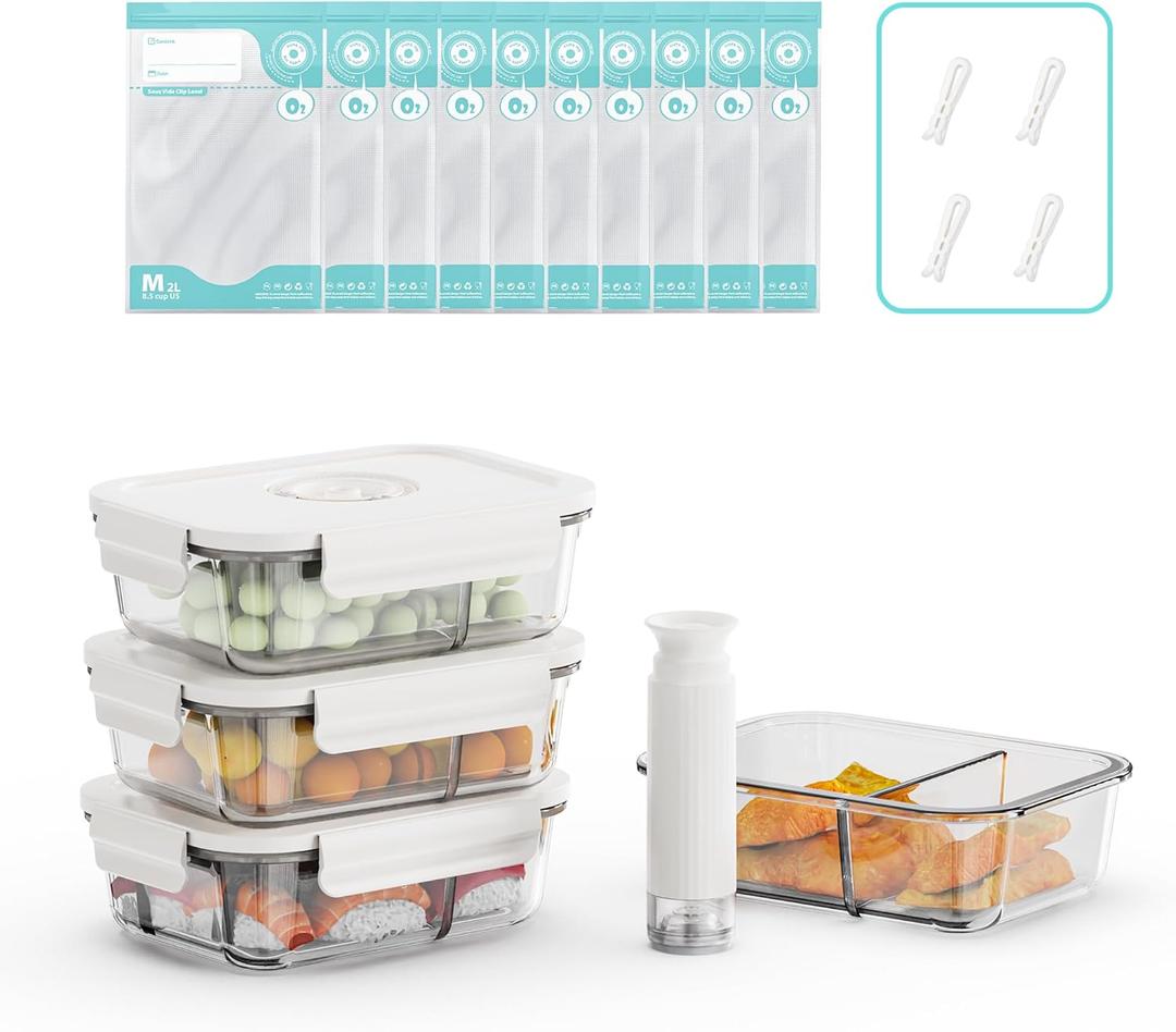 Vacuum Seal Glass Food Storage Containers with Sous Vide Bags, Compartment Container with Airtight Locking Lids for Lunch, BPA Free, Leak Proof, Long-Lasting Freshness-34.85oz 4pack