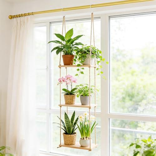 Leafory 3 Tier Window Plant Shelves, Hanging Wood Floating Shelves for Living Room Bedroom Small Windows, Space-Saving Window Sill Shelf Indoor for Succulents, Herbs