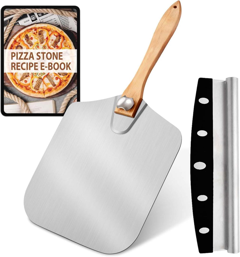 Pizza Peel Aluminum Pizza Spatula, MOVNO 12 inch Metal Pizza Paddle(12"x 14") with Rocker Cutter Foldable Wood Handle, Server for Family Pizza Oven Baking Pizza, Dough, Bread & Pastry