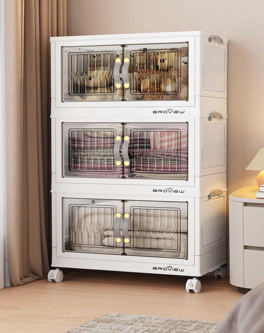 BROVIEW 135Qt Stackable Storage Bins with Lid for Home Dorm, 3Pack White
Closet Organizers, Foldable & Collapsible Cabinets, Large Containers, Wheels & Magnetic Doors, Plastic Drawers for School