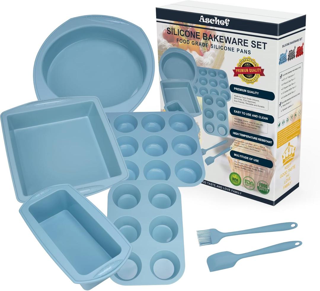 Aschef Economical 7in1 Oil-limit Nonstick Silicone Baking Ring Cake Pan Cookie Sheet Molds Tray, Heat Resistant Bakeware Tools for Muffin Loaf Bread Pizza Cupcake