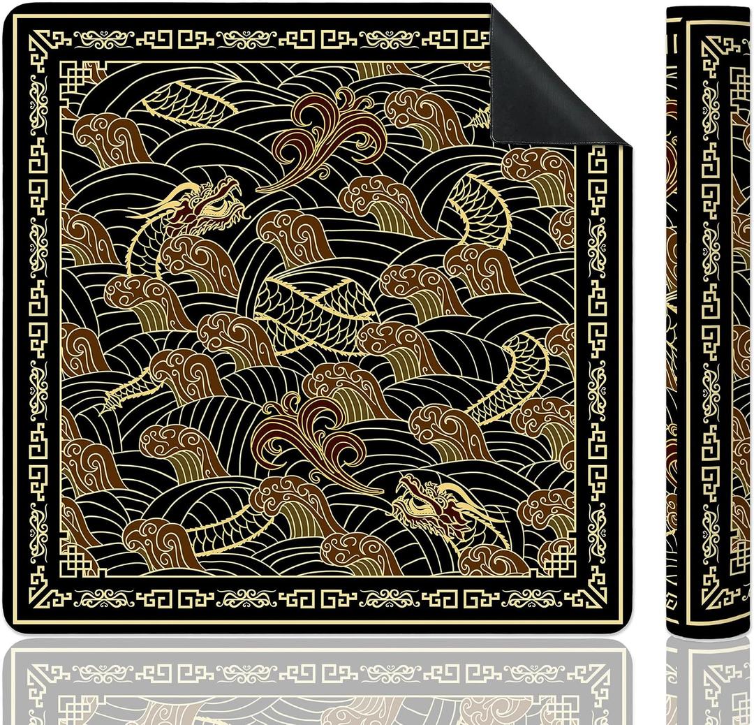 Black and Gold Sea Wave Dragon Mahjong Mat 31.5"x31.5", Oriental Traditional Japanese Non-Slip Mahjong Mat Accessories for Dominoes Poker Card Board and Tile Games Gifts