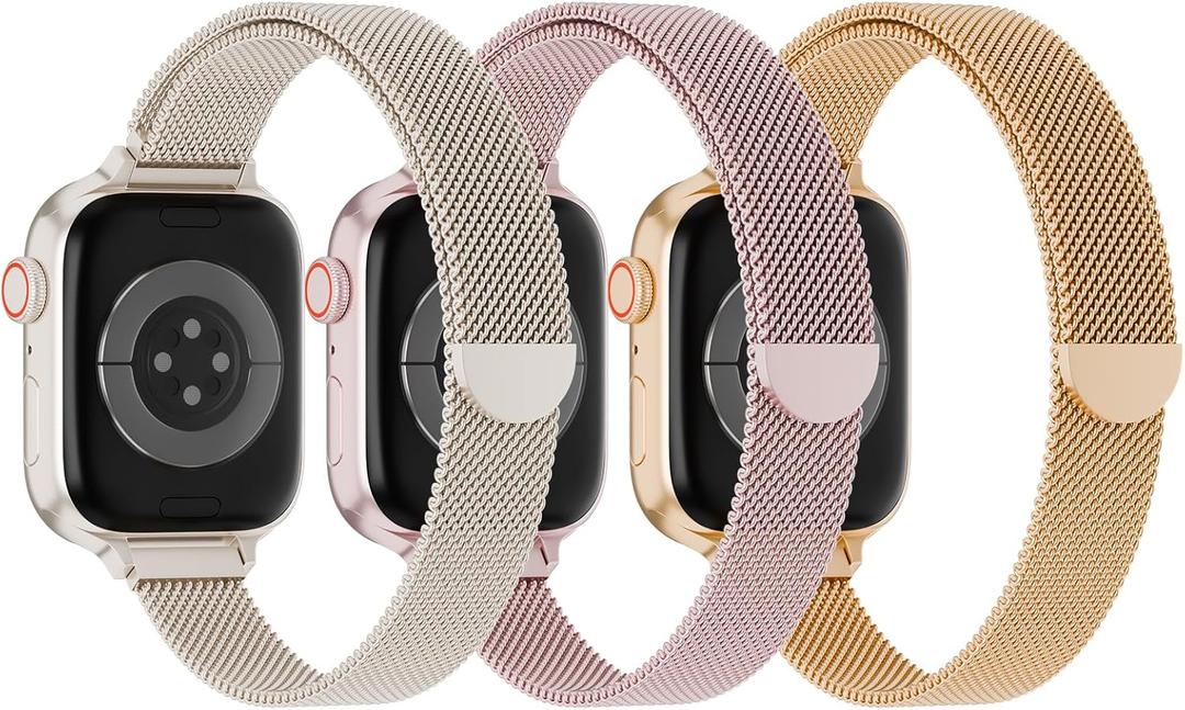 3 Pack Slim Metal Loop Compatible with Apple Watch Band 42mm 41mm 40mm 38mm 46mm 45mm 44mm 49mm Women Men, Thin Stainless Steel Magnetic Strap for iWatch Bands Series 11 10 9 8 SE 7 6 5 4 3 Ultra (Starlight/Pink/Rose Gold)