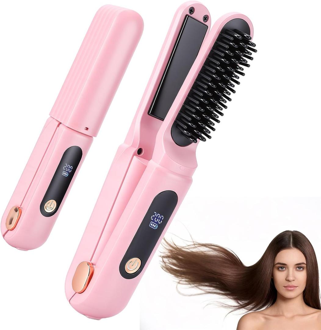 Cordless Hair Straightener Brush, Portable Travel Hair Straightener, 2 in 1 Cordless Mini Rechargeable Flat Iron & Hair Straightener Brush with Dust Cover, Digital Display (Pink)