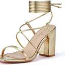 GENSHUO Square Toe Sandals Women Lace up Chunky High Heels Strappy Sandals Block Heeled Ankle Wrap Homecoming Wedding Dress Shoes Gold Size 8,5