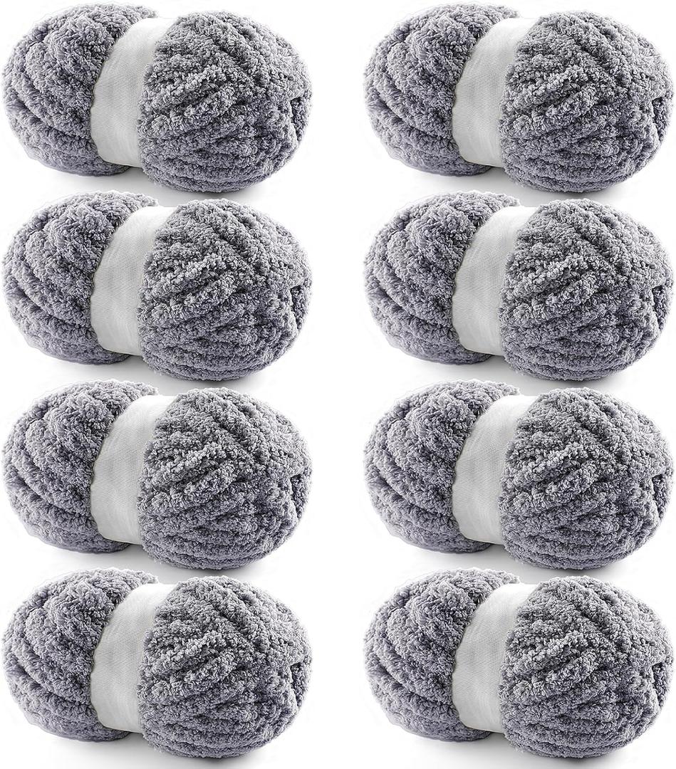 8 Pack Chunky Chenille Blanket Yarn for Hand Knitting and Crocheting - Jumbo Fluffy Super Bulky Yarn 28.4 Yds 7.7 Oz Each Skein (Blue Gray)