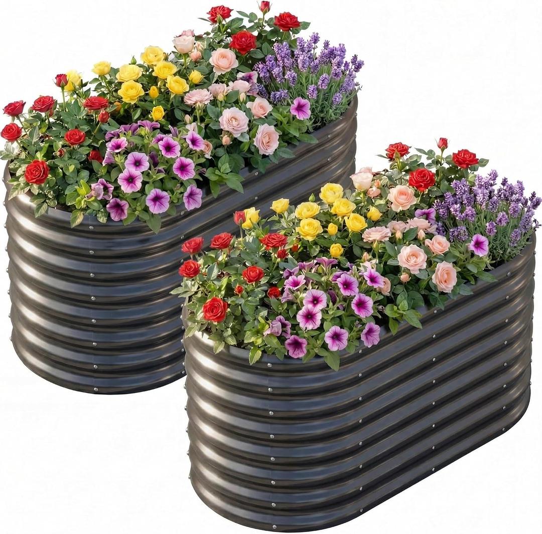 AHEONLAR 2 Pack 4x2x2ft Galvanized Raised Garden Bed Outdoor, Oval Sturdy and Durable Planter Boxes for Vegetables, Fruits, Flowers and Plants, Easy Assembly, Grey