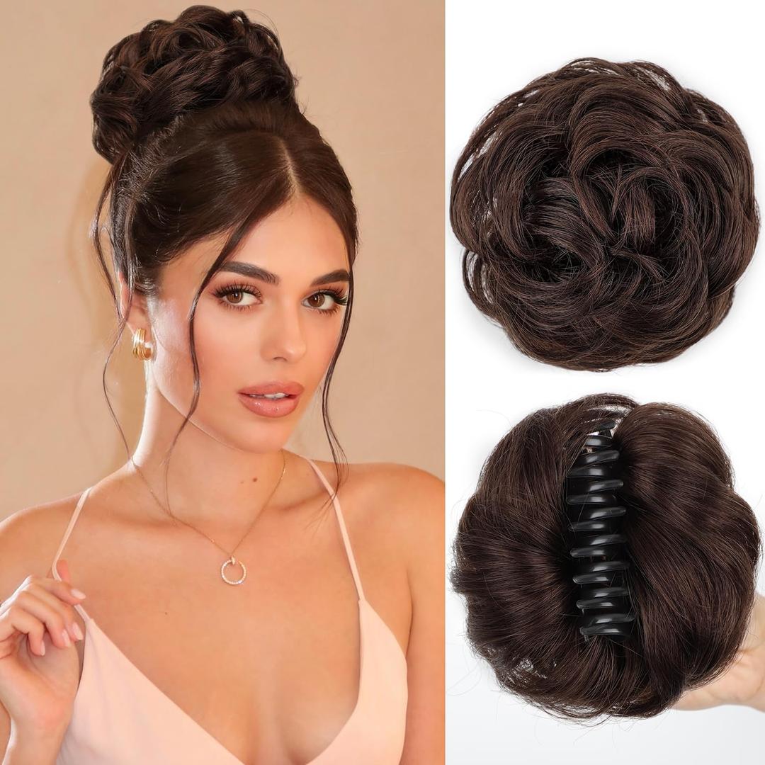 FREEMEIGE Messy Bun Hair Piece Human Hair Buns Hair Piece Claw Clip Bun Natural Curly Chignon Ponytail Fluffy Donut Updo Hair Pieces Messy Hair Buns Scrunchies for Women