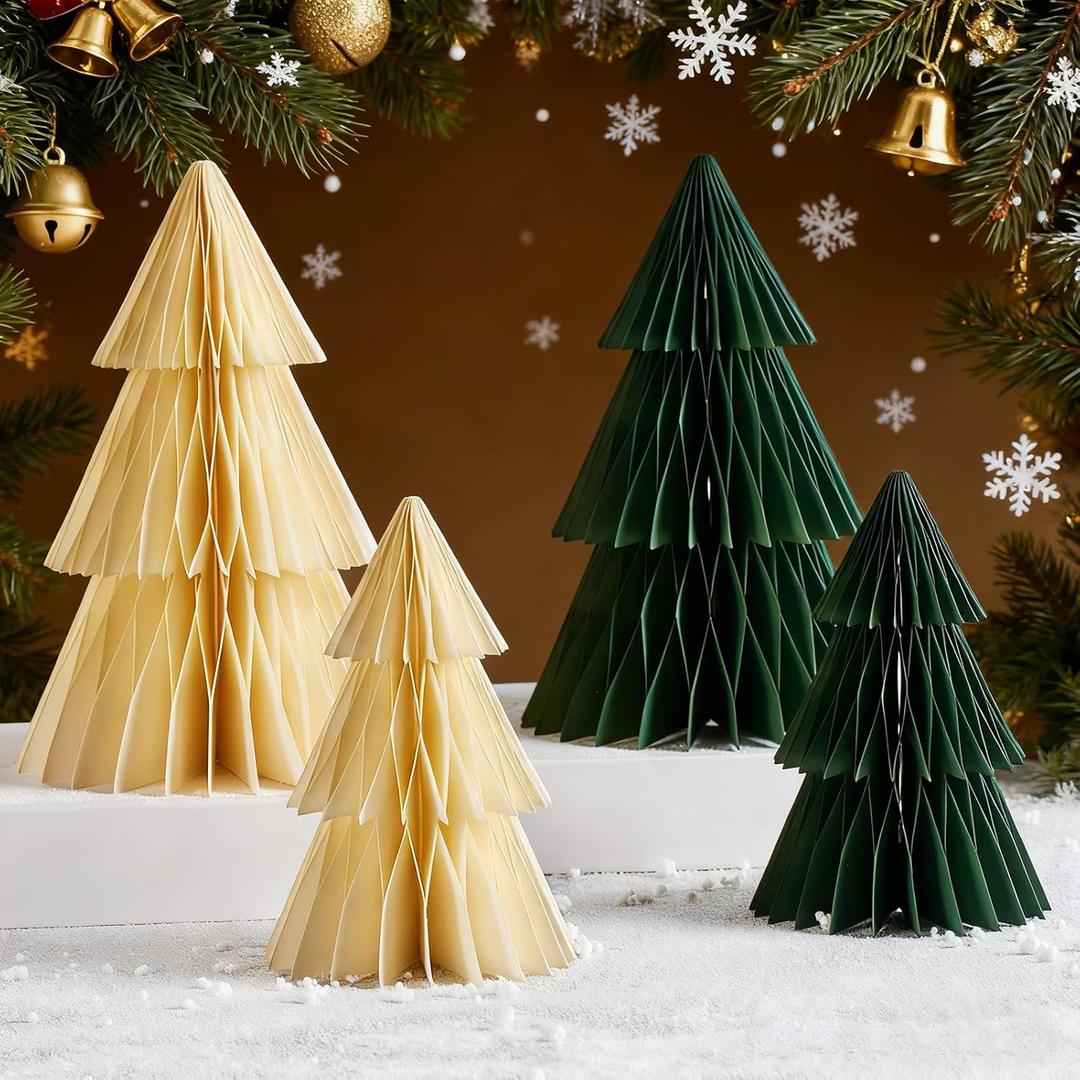 Paper Christmas Tree, 4 Pcs Paper Christmas Ornaments Party Decorations, 3D Honeycomb Xmas Trees, Holiday Home Decor, Christmas Table Centerpiece (White&green)