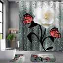 Poedist 4 Pcs Shower Curtain Set, White Gardenia Bathroom Set, Floral Shower Curtain Sets with Rugs(Bath Mat,U Shape and Toilet Lid Cover Mat) and 12 Hooks