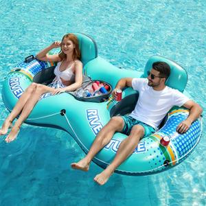 Jasonwell Heavy Duty 2 Person Inflatable River/Pool Tube Float with Removable Cooler, Tubes for Lake, Floating River Raft Lounge Floatie with 2 cup Holders For Adults, Cyan