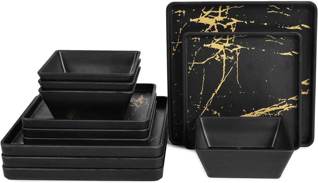 Melamine Dinnerware Sets - 12pcs Square Plates and Bowls Sets For 4, Indoor Outdoor Use, Dishwasher Safe, Black & Gold (BK&GD)