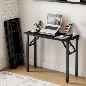 Frylr Small Folding Computer Desk 35.8 Inch Portable Table for Craft and Study, Lightweight Desk for Small Spaces, Foldable Laptop Table Built-in AC/USB Outlets for Convenience, Dark Oak,  35.8 X 15.7 Inch